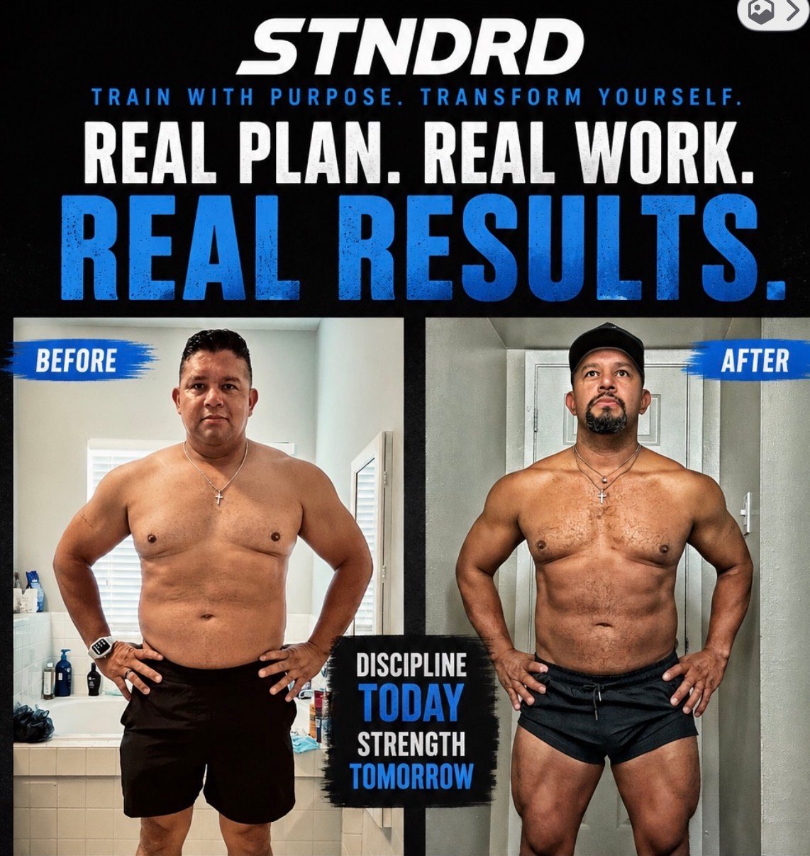 Pete Garza STNDRD fitness transformation and workout program graphic